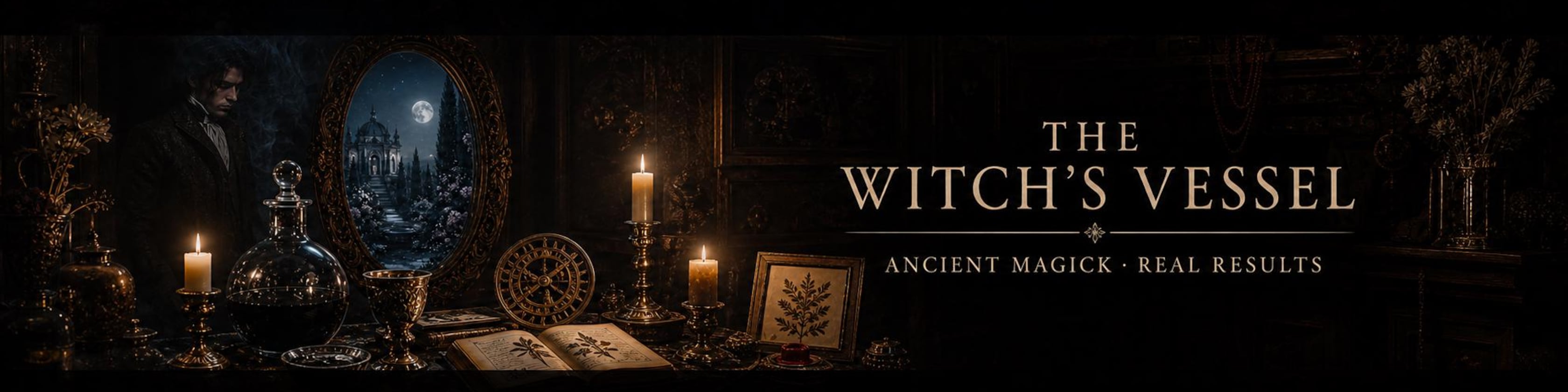 A candlelit antique study filled with ritual objects