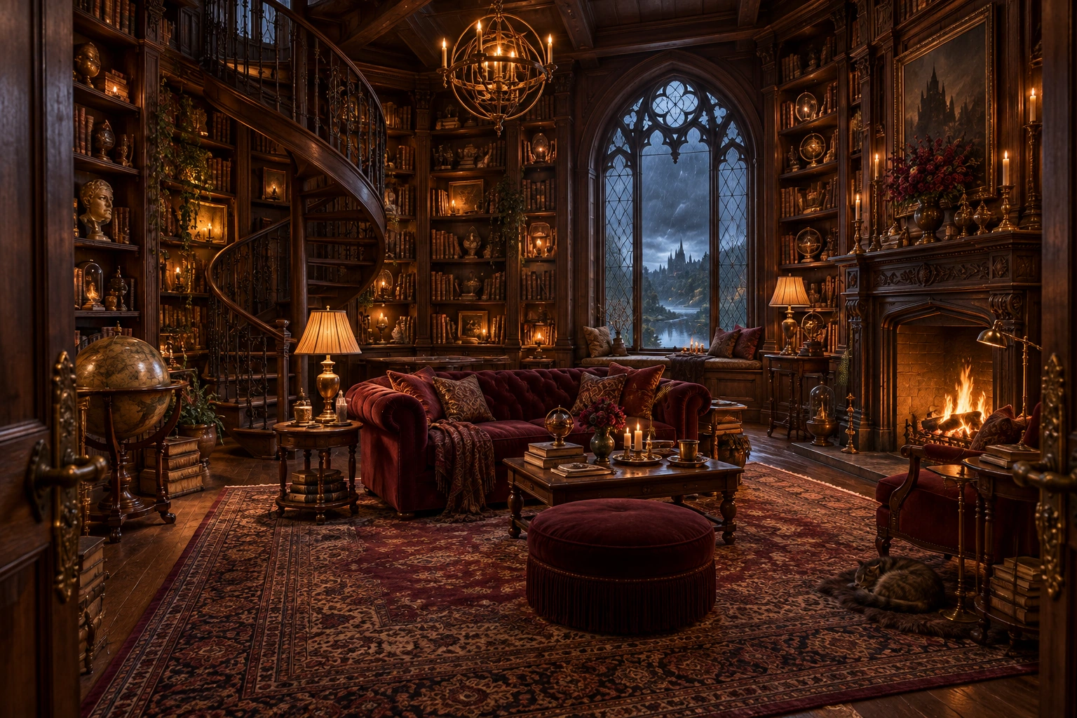 Oxblood velvet, carved walnut, a glowing hearth and books worth getting lost in.