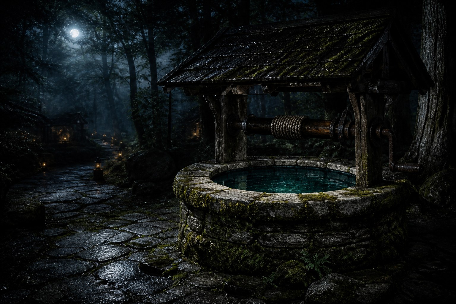 A moonlit ancient stone wishing well in a forest